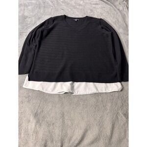 Hilary Radley Black V Neck Knit Top White Woven Hem Tunic XL EG